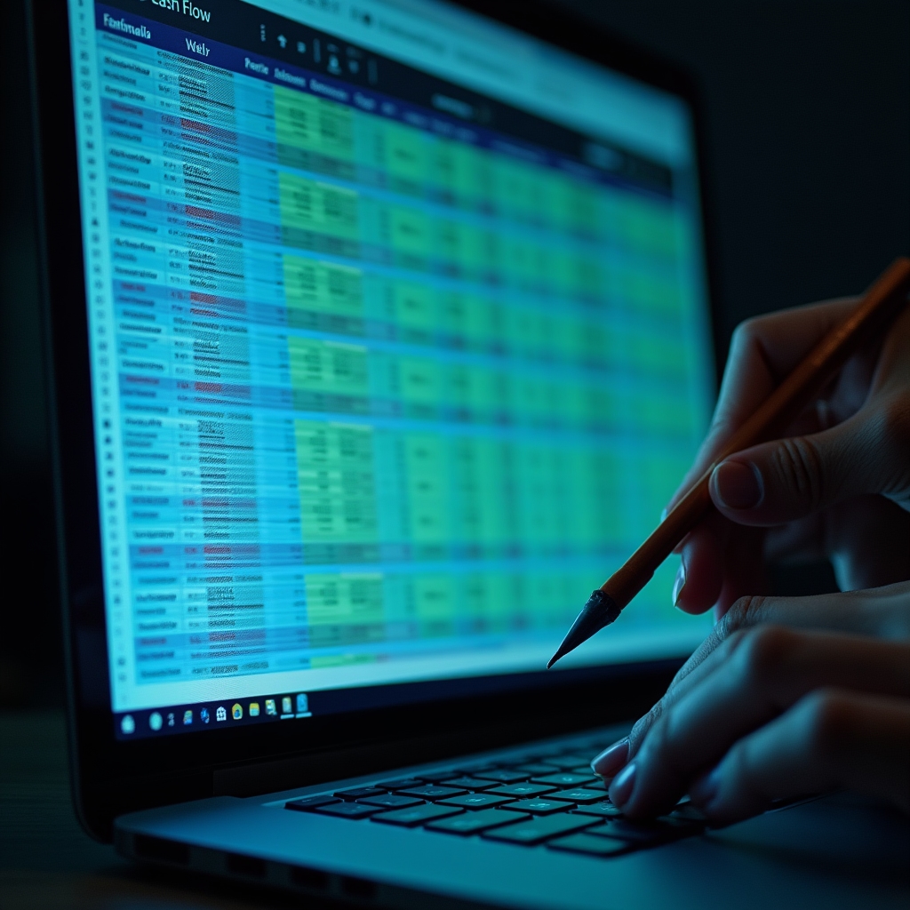 Close-up of a thirteen-week cash flow spreadsheet with color-coded rows and formulas