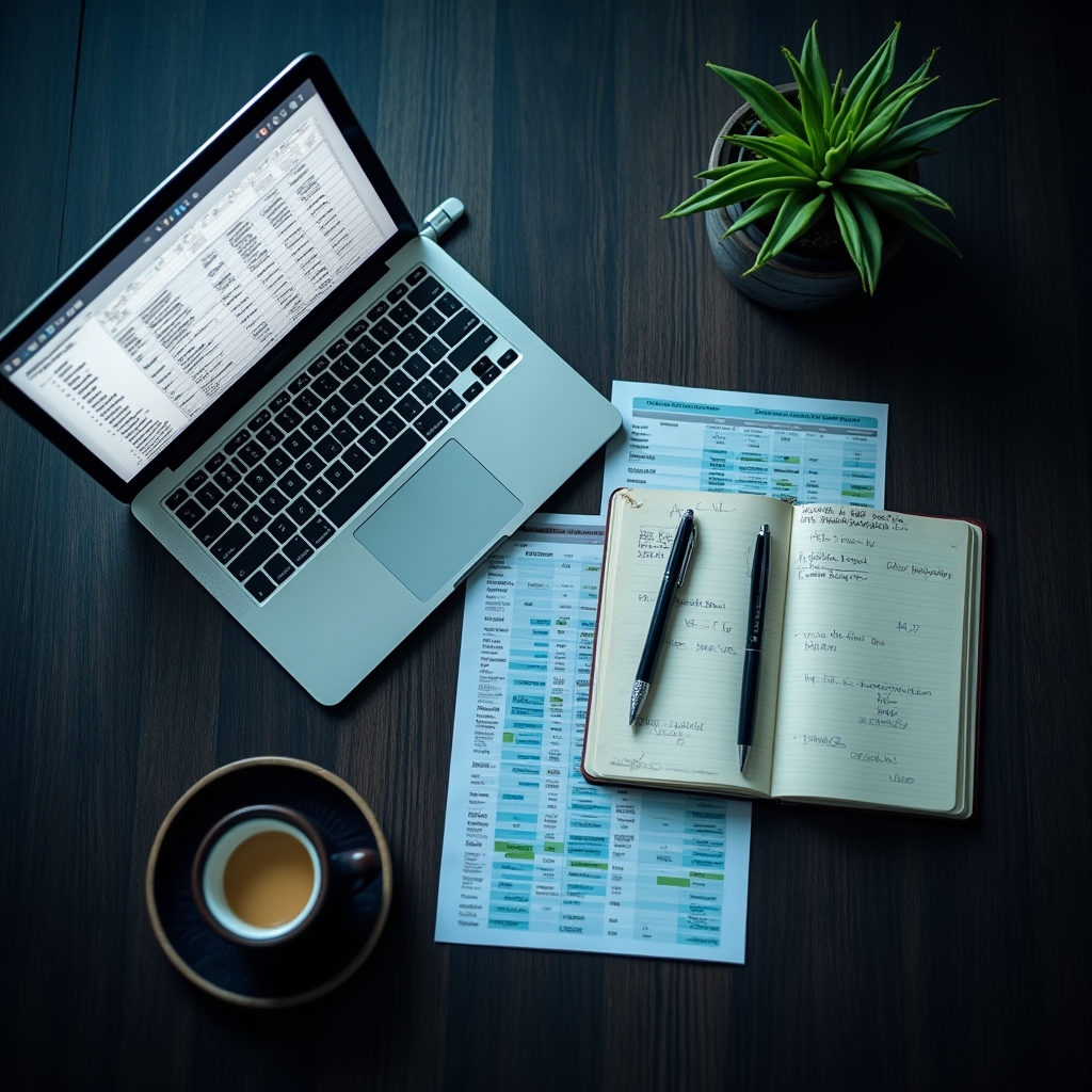 Overhead view of a freelancer's desk with spreadsheets, coffee, and financial notes