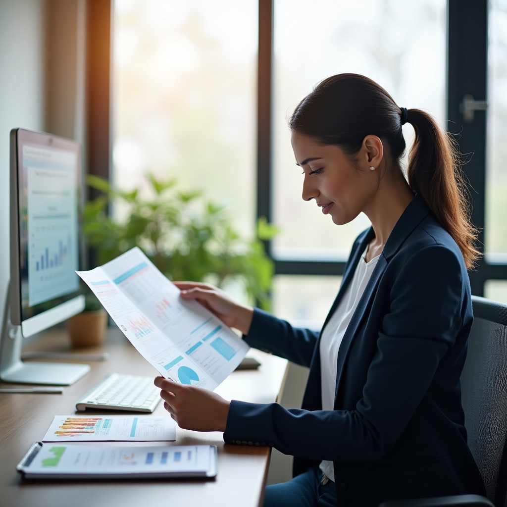 Freelancer at a bright desk reviewing financial planning documents with colored tabs and markers