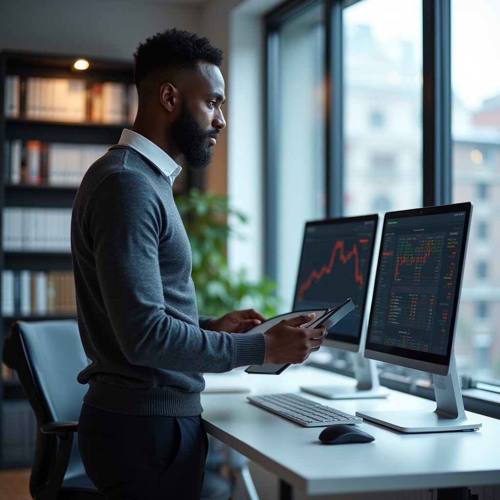Self-employed professional at a standing desk reviewing cash flow notes on a second monitor in a bright modern home office